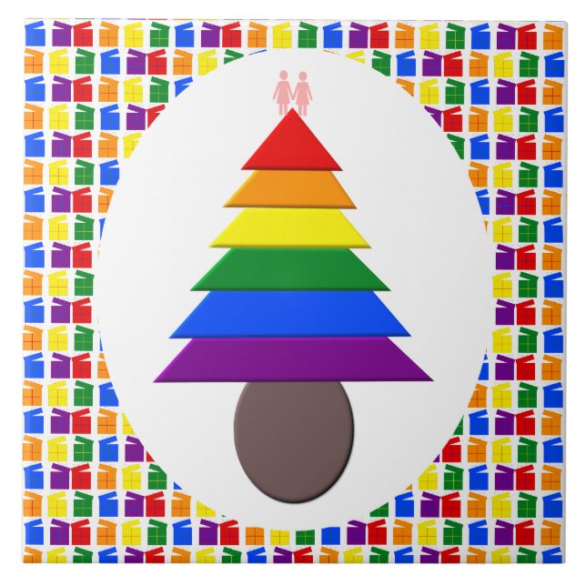 Lesbians Rainbow Christmas Tree and Presents Tile (Front)