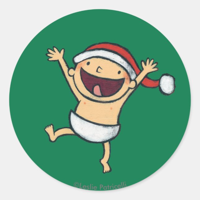 Leslie Patricelli's Baby Dancing In Santa Hat Classic Round Sticker (Front)