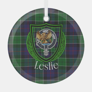 Leslie Scottish Clan Tartan & Crest Glass Tree Decoration