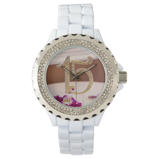Leslie's Quinceanera Rhinestone White Enamel Watch (Front)