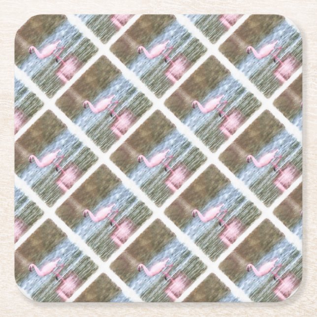 Lesser Flamingo Watercolor Square Paper Coaster (Front)