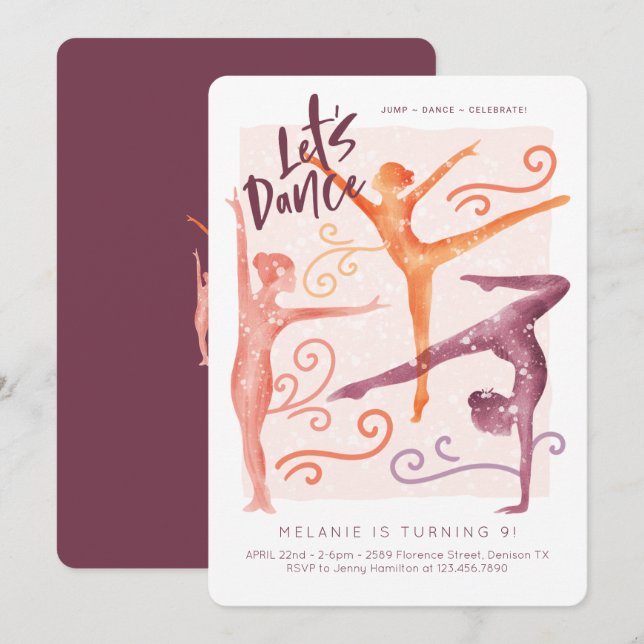 Let Dance, Fun whimsical Gymnastic Dance Birthday Invitation (Front/Back)