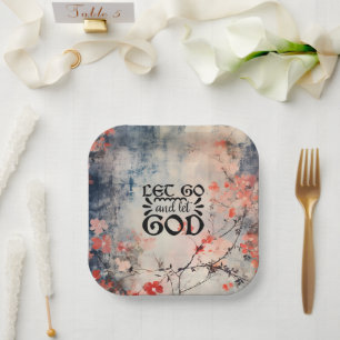 Let Go and Let God Coral Blue Floral Art Christian Paper Plate