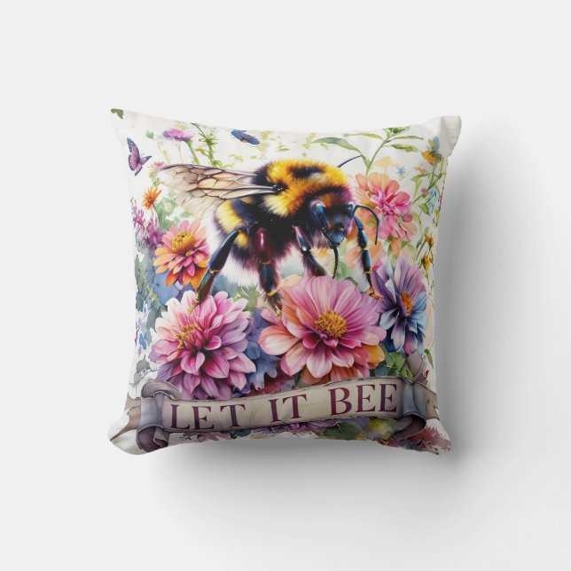 Let It Bee – Watercolor Bumblebee Spring Floral  Cushion (Front)