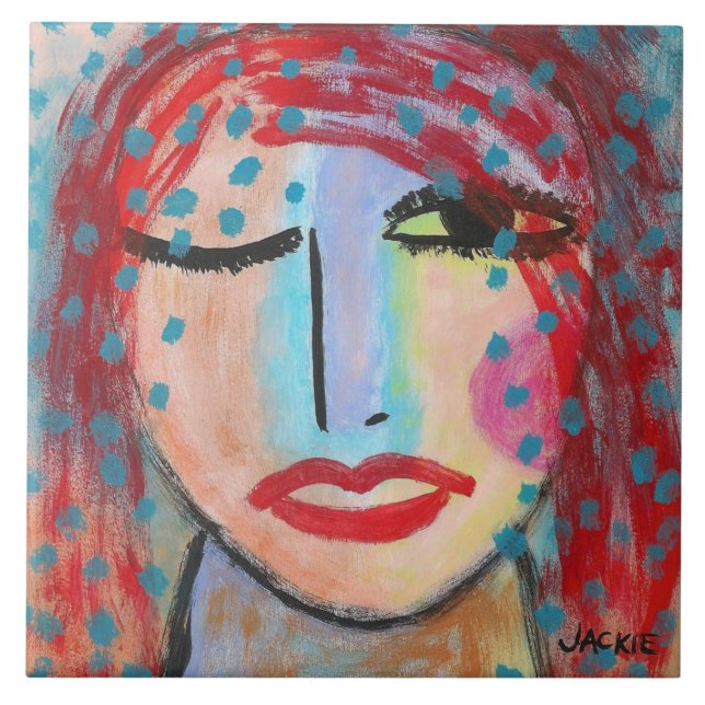 Let It Rain Abstract Portrait of a Red Head Tile (Front)