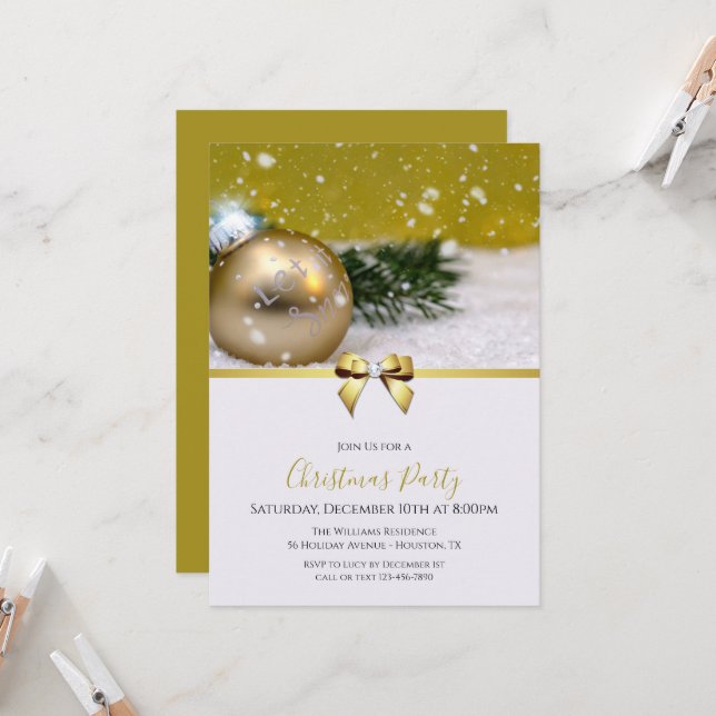 "Let It Snow" Bauble, Ribbon & Jewel Bow Christmas Invitation (Front/Back In Situ)