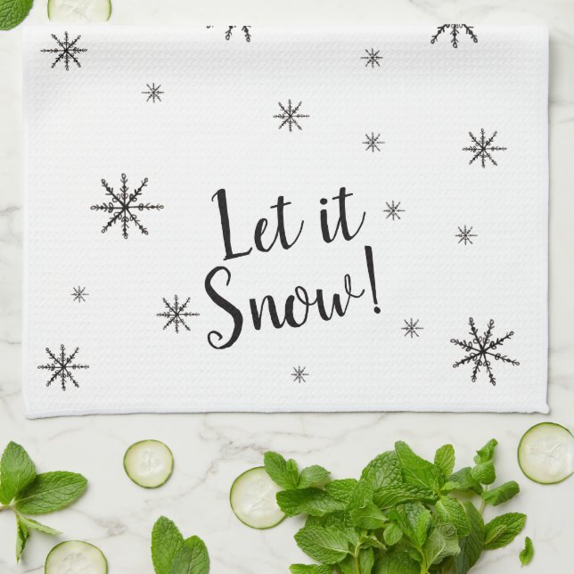 Let it Snow Black and White Snowflake Tea Towel (Folded)