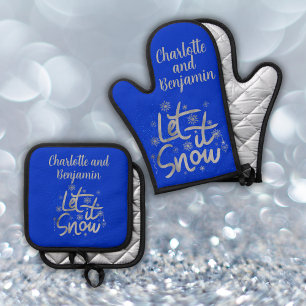 Let it Snow Blue and Silver Christmas Oven Mitt & Pot Holder Set