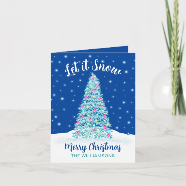 Let it Snow Blue Christmas Tree Holiday Card (Front)