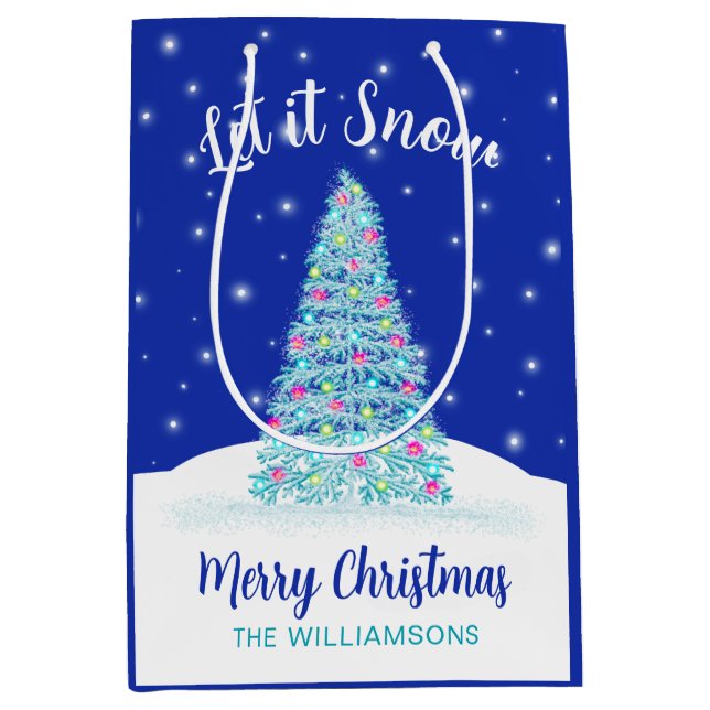 Let it Snow Blue Christmas Tree Holiday Medium Gift Bag (Front)