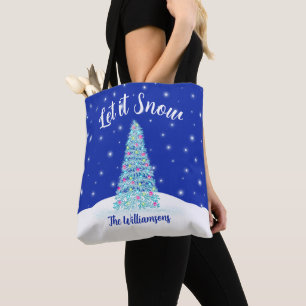 Let it Snow Blue Christmas Tree Holiday Tote Bag