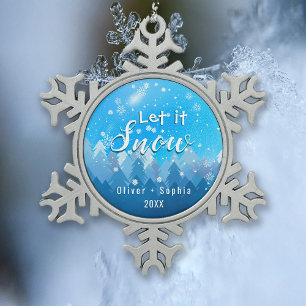 Let it Snow Blue Crystal Snowflake Pewter Christmas Ornament