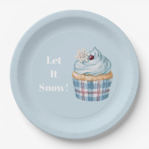 Let It Snow Blue Cupcake Snowflake Christmas Paper Plate