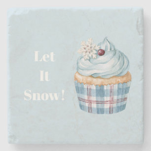 Let It Snow Blue Cupcake Snowflake Christmas Stone Coaster
