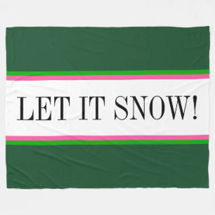 LET IT SNOW Bright White Alpine Green Stripes Fleece Blanket