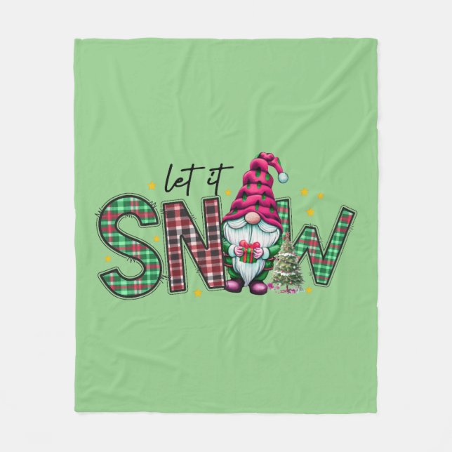 Let It Snow Christmas Plaid Holiday Gnome Green Fleece Blanket (Front)