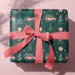 Let It Snow Christmas Tree Green Vintage Retro Van Wrapping Paper<br><div class="desc">Celebrate the magical and festive holiday season with our custom holiday wrapping paper. Our vintage holiday design features a cute girly pink retro van carrying a Christmas tree. This fun Christmas pattern also incorporates, snow-covered trees, snars, snowflakes and the words let it snow and stay cosy. All artwork contained in...</div>