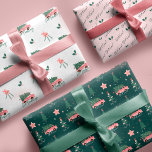 Let It Snow Christmas Tree Vintage Pink Retro Van Wrapping Paper Sheet<br><div class="desc">Celebrate the magical and festive holiday season with our custom holiday wrapping paper sheets. Our vintage holiday design features three different complementing designs. This fun Christmas pattern also incorporates snow-covered trees, stars, snowflakes, and the words let it snow and stay cosy. All artwork contained in this girly vintage Christmas tree...</div>