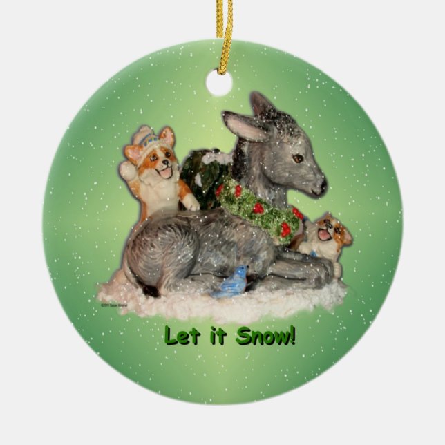"Let it Snow!" Corgis & Donkey Christmas Ornament (Front)