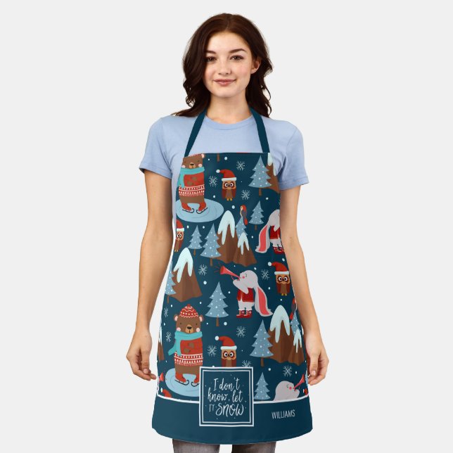 Let it Snow Cute Animal Name Blue Kitchen Apron (Worn)