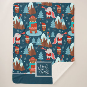 Let it Snow Cute Animal Pattern with Name Blue Sherpa Blanket
