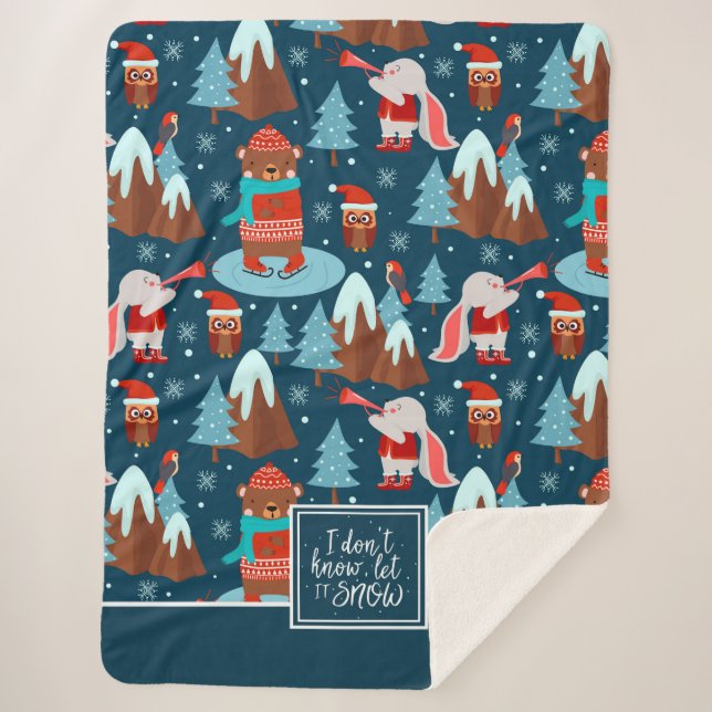 Let it Snow Cute Animal Pattern with Name Blue Sherpa Blanket (Front)