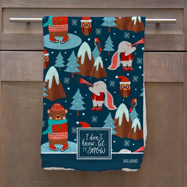 Let it Snow Cute Animal Pattern with Name Blue Tea Towel (Creator Uploaded)