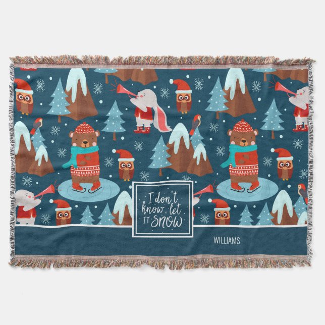 Let it Snow Cute Animal Pattern with Name Blue Throw Blanket (Front)