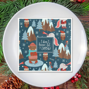 Let it Snow Cute Animal with Name Blue Christmas Napkin