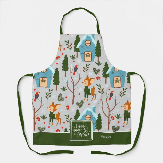 Let it Snow Cute Reindeer Pattern Name Kitchen Apron (Front)