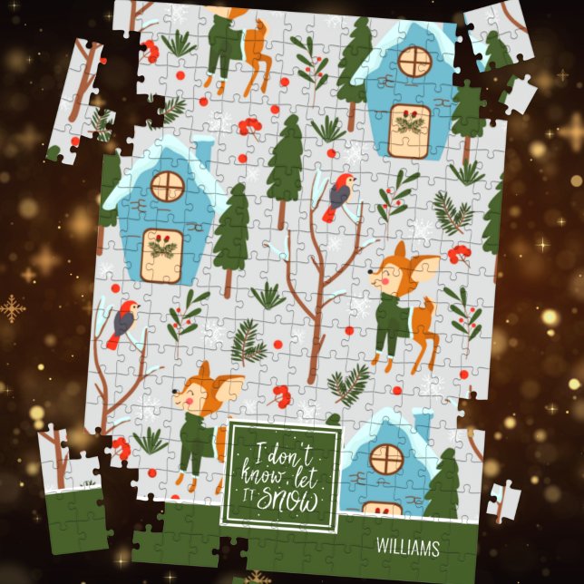 Let it Snow Cute Reindeer Pattern with Name Green Jigsaw Puzzle (Creator Uploaded)