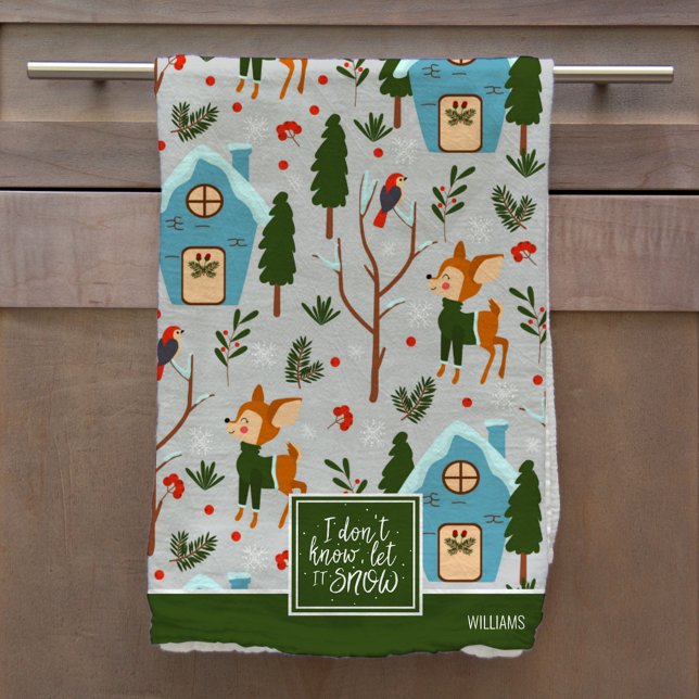 Let it Snow Cute Reindeer Pattern with Name Green Tea Towel (Creator Uploaded)