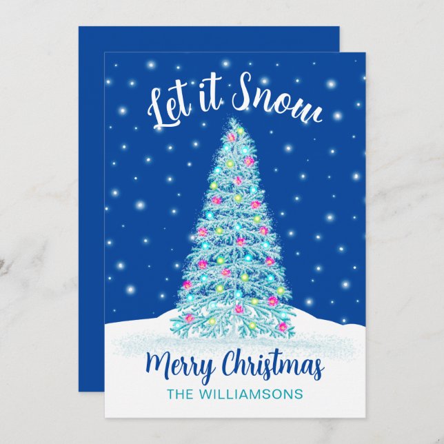 Let it Snow Decorated Blue Christmas Tree Holiday Card (Front/Back)