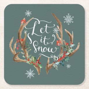 Let it Snow/Deer Antlers with Flowers Square Paper Coaster