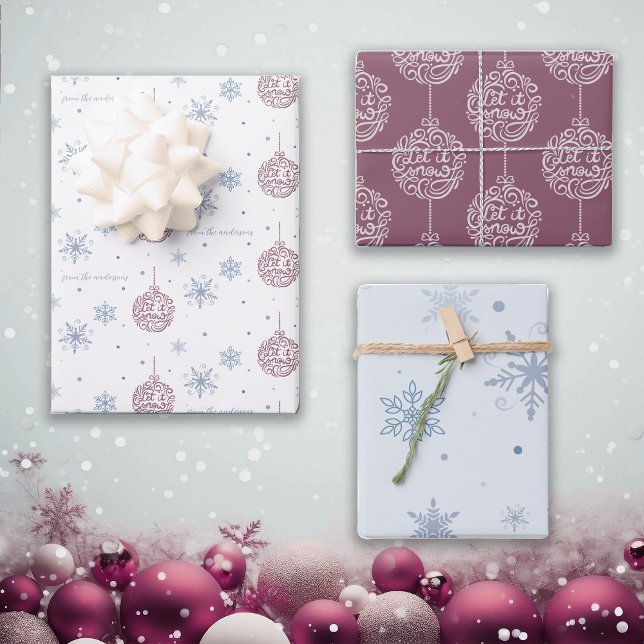 Let It Snow Dusty Blue and Burgundy Personalised Wrapping Paper Sheet (Creator Uploaded)