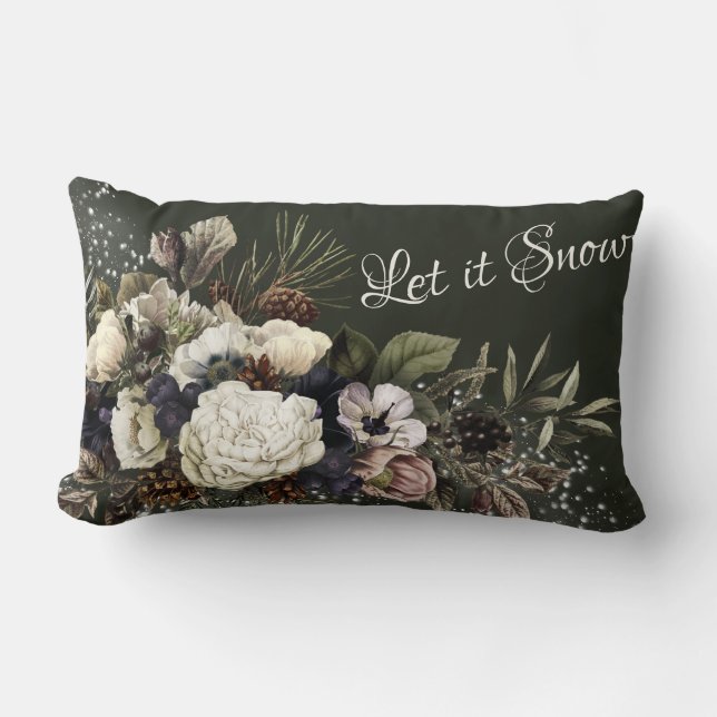 Let it Snow Elegant Winter Garden Floral Design Lumbar Cushion (Front)