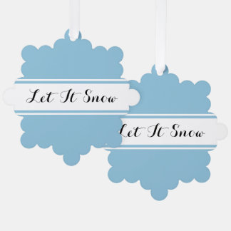 LET IT SNOW Fancy Text Slate Blue White Stripes Tree Decoration Card