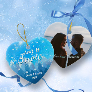 Let it Snow First Christmas Photo Blue Ornament