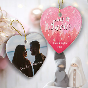 Let it Snow First Christmas Photo Pink Ceramic Tree Decoration