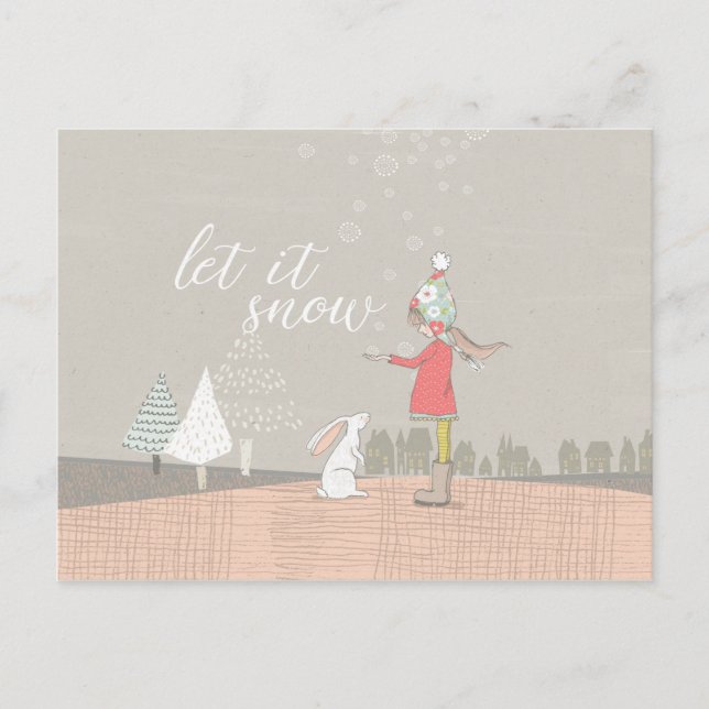 Let it Snow Girl and Bunny Holiday Postcard (Front)