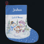 Let it Snow Happy Snowman Family Blue  Large Christmas Stocking<br><div class="desc">Personalised Christmas Stocking with Let it Snow snowman scene on blue and snow background. This cute watercolor design features a happy family of snowmen and christmas trees and you can personalise with a name.</div>