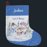 Let it Snow Happy Snowman Family Blue  Large Christmas Stocking<br><div class="desc">Personalised Christmas Stocking with Let it Snow snowman scene on blue and snow background. This cute watercolor design features a happy family of snowmen and christmas trees and you can personalise with a name.</div>