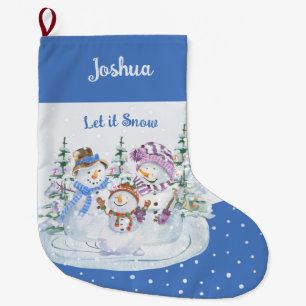 Let it Snow Happy Snowman Family Blue Large Christmas Stocking