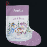 Let it Snow Happy Snowman Family Lavender Large Christmas Stocking<br><div class="desc">Personalised Christmas Stocking with Let it Snow snowman scene on lavender and snow background. This cute watercolor design features a happy family of snowmen and christmas trees and you can personalise with a name.</div>
