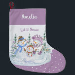 Let it Snow Happy Snowman Family Lavender Large Christmas Stocking<br><div class="desc">Personalised Christmas Stocking with Let it Snow snowman scene on lavender and snow background. This cute watercolor design features a happy family of snowmen and christmas trees and you can personalise with a name.</div>