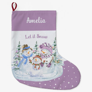 Let it Snow Happy Snowman Family Lavender Large Christmas Stocking