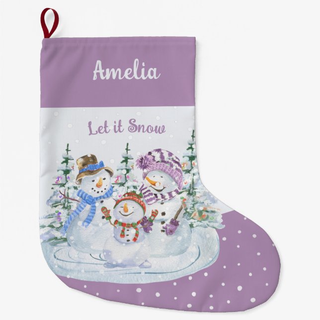 Let it Snow Happy Snowman Family Lavender Large Christmas Stocking (Front)
