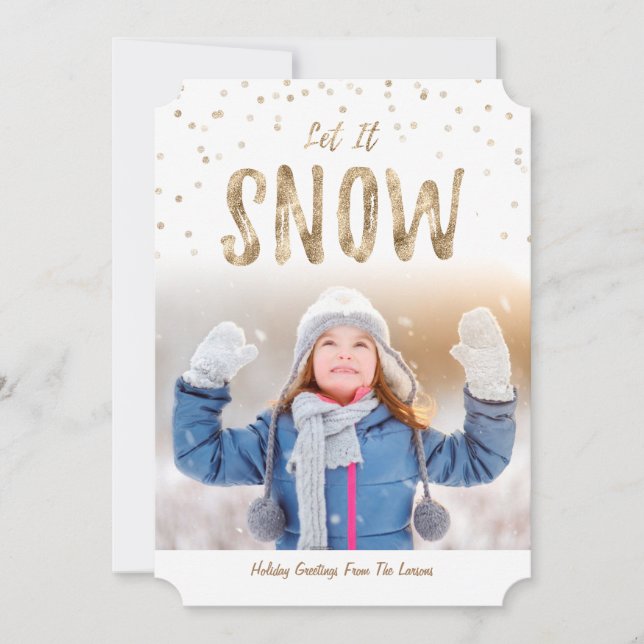 Let it Snow Holiday Photo Flat Card|Gold Card (Front)
