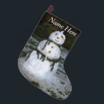 Let it Snow Jolly Snowman Snow Lady Seashell Large Christmas Stocking<br><div class="desc">Cute, jolly looking nature snowman snow lady with seashell and spruce branches hat, rocks for eyes, nose and buttons, twigs for happy smile and arms, dressed in spruce branches, with blurred trees in the background. Personalise front with Name. Let It Snow is written in white text on back side. Original...</div>