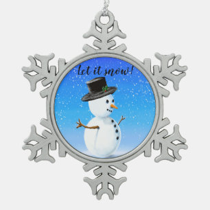 Let it snow, jolly snowman with top hat snowflake pewter christmas ornament